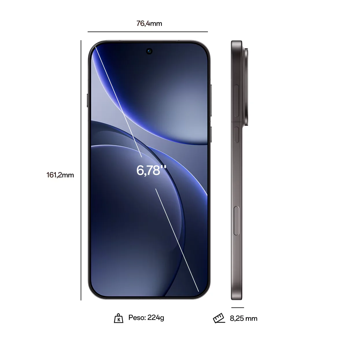 Oppo Find X9 Pro en Titanium Charcoal, vista frontal con pantalla de 6,78″.