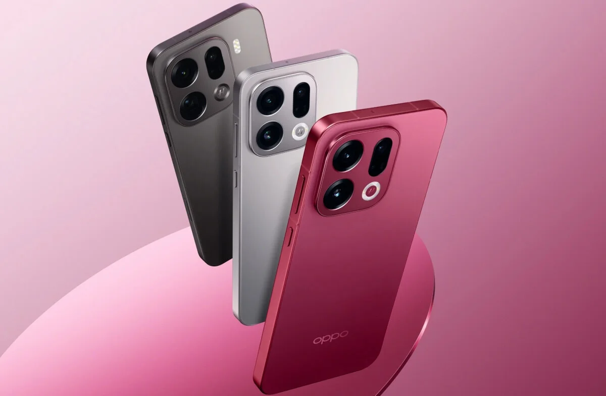 Oppo Find X9 Pro en sus tres colores: Titanium Charcoal, Titanium Gray y Velvet Red, vista trasera con el módulo de cámaras.