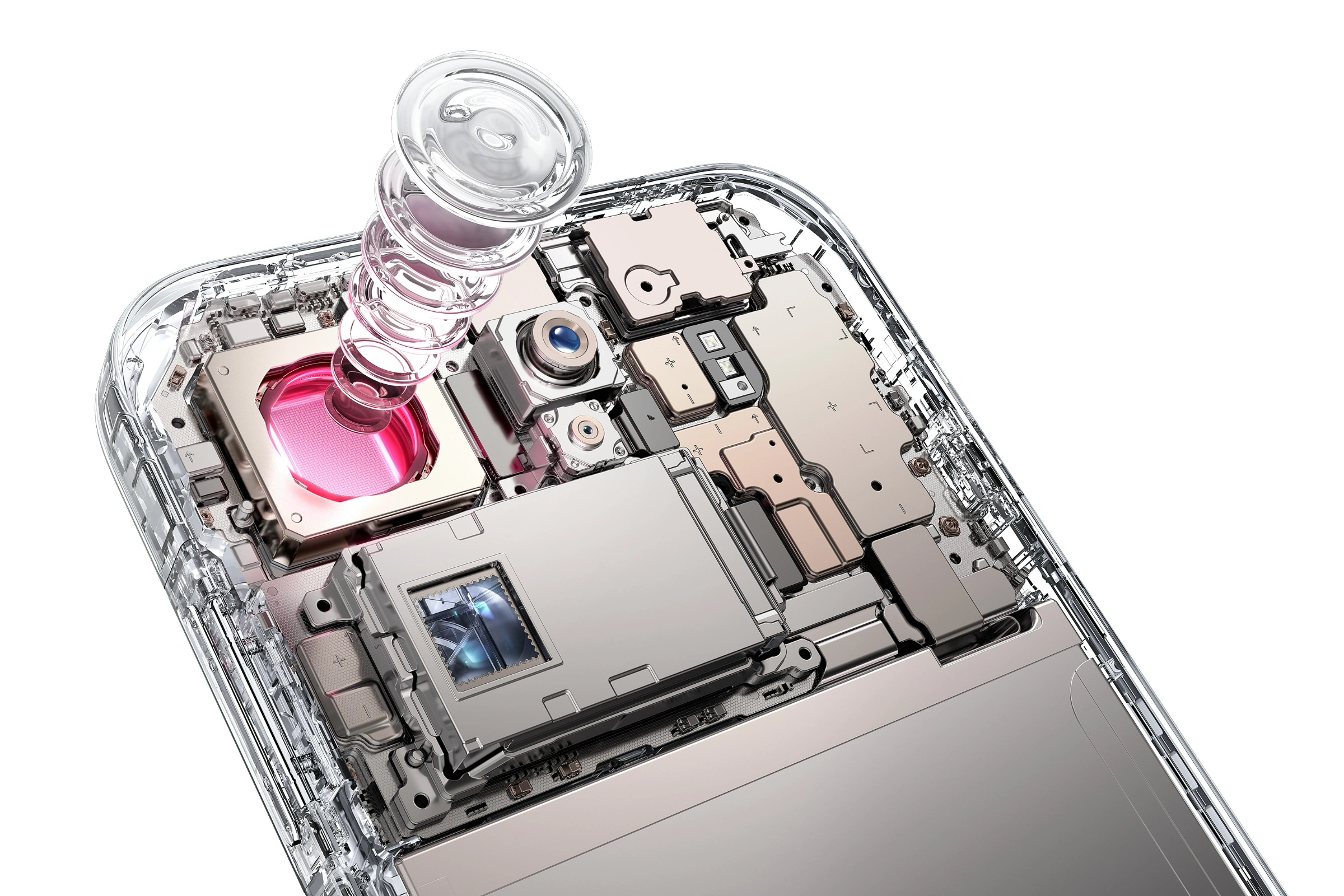 Vista interna del Oppo Find X9 Pro mostrando el sistema de cámaras Hasselblad y los componentes con un diseño transparente de rayos X.