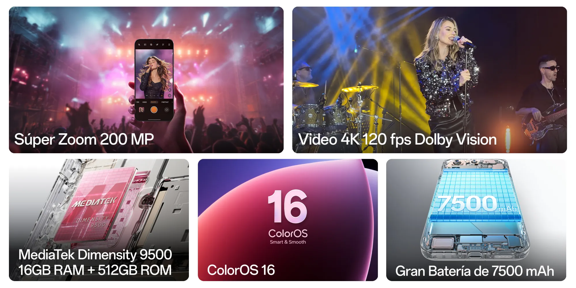 Collage de funciones del Oppo Find X9 Pro: súper zoom de 200 MP, video 4K 120 fps Dolby Vision, MediaTek Dimensity 9500 con 16GB RAM, ColorOS 16 y batería de 7500 mAh.