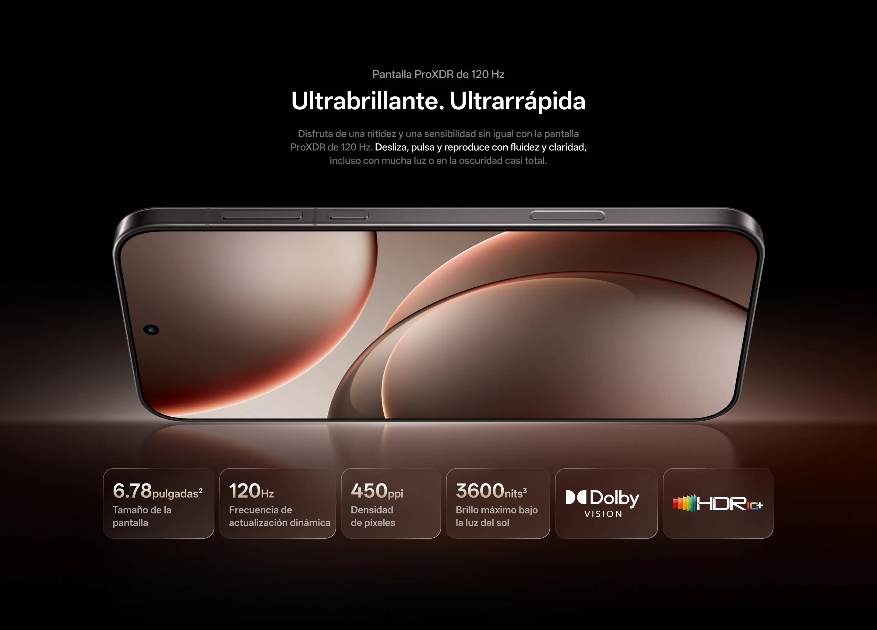 Detalle del panel AMOLED de 6,78″ del Oppo Find X9 Pro con brillo de 3600 nits.