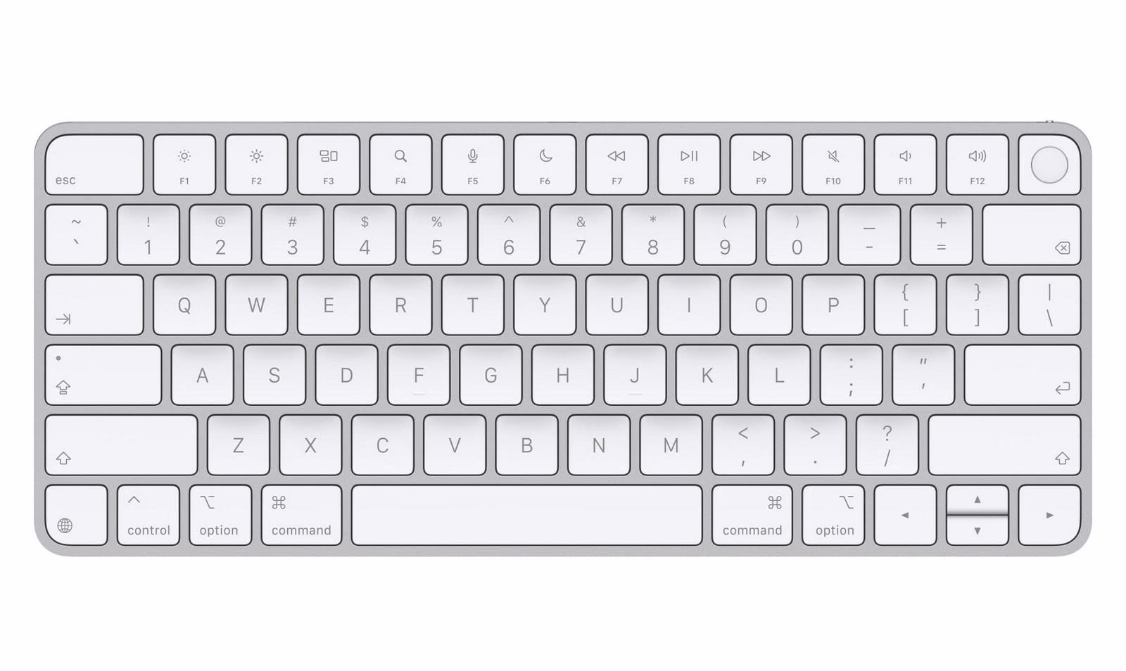 Magic Keyboard with Touch ID showing the new symbols on the tab, caps lock, and return keys