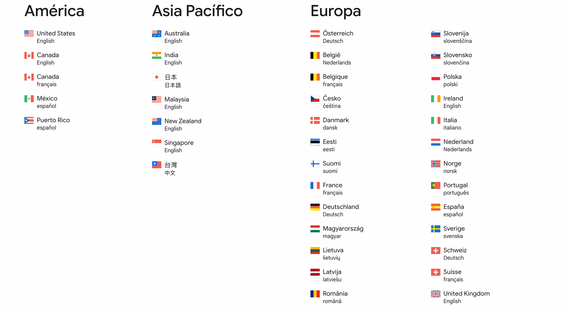 Selector de países del Google Store donde en América solo figuran Estados Unidos, Canadá, México y Puerto Rico