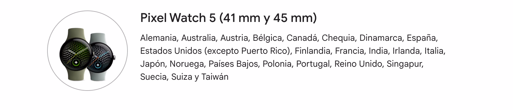 Listado oficial de países donde está disponible el Pixel Watch 5 en sus dos tamaños