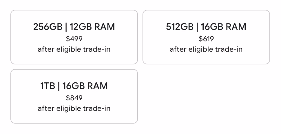 Las tres configuraciones del Pixel 11 Pro en la página de compra: 256 GB con 12 GB de RAM, 512 GB con 16 GB y 1 TB con 16 GB