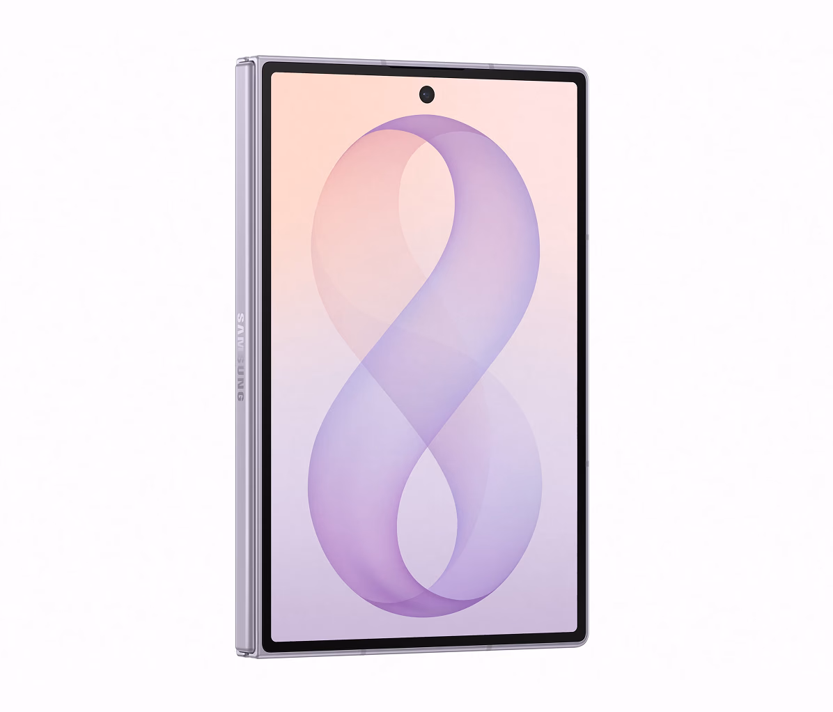 El Galaxy Z Fold 8 cerrado en lavanda mostrando la pantalla externa ancha en relación 10:16