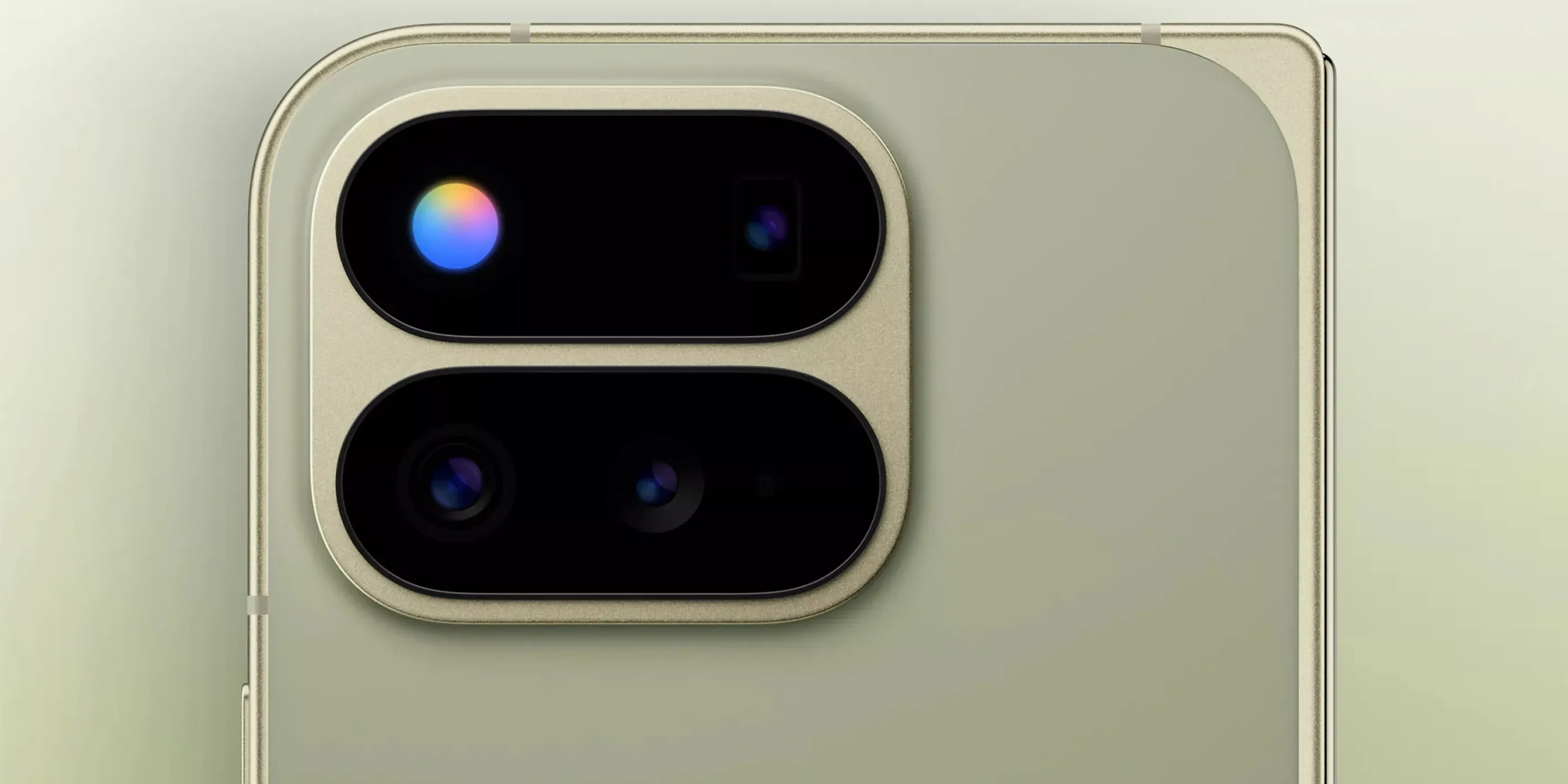 Detalle del módulo de cámara del Pixel 11 Pro Fold en Olive con el HiLight encendido en colores