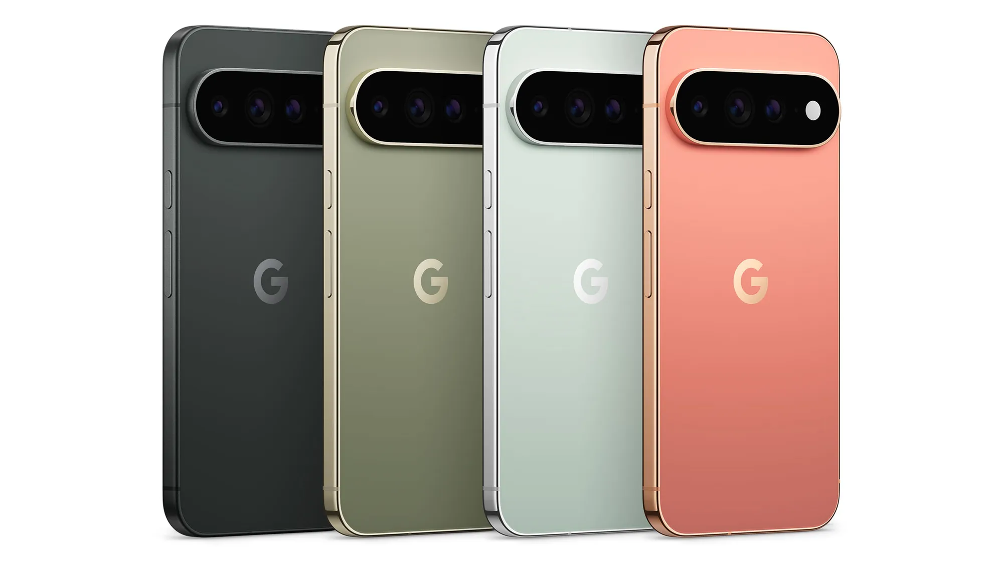 Los cuatro colores del Pixel 11 Pro alineados: Obsidian, Olive, Fog y Canyon