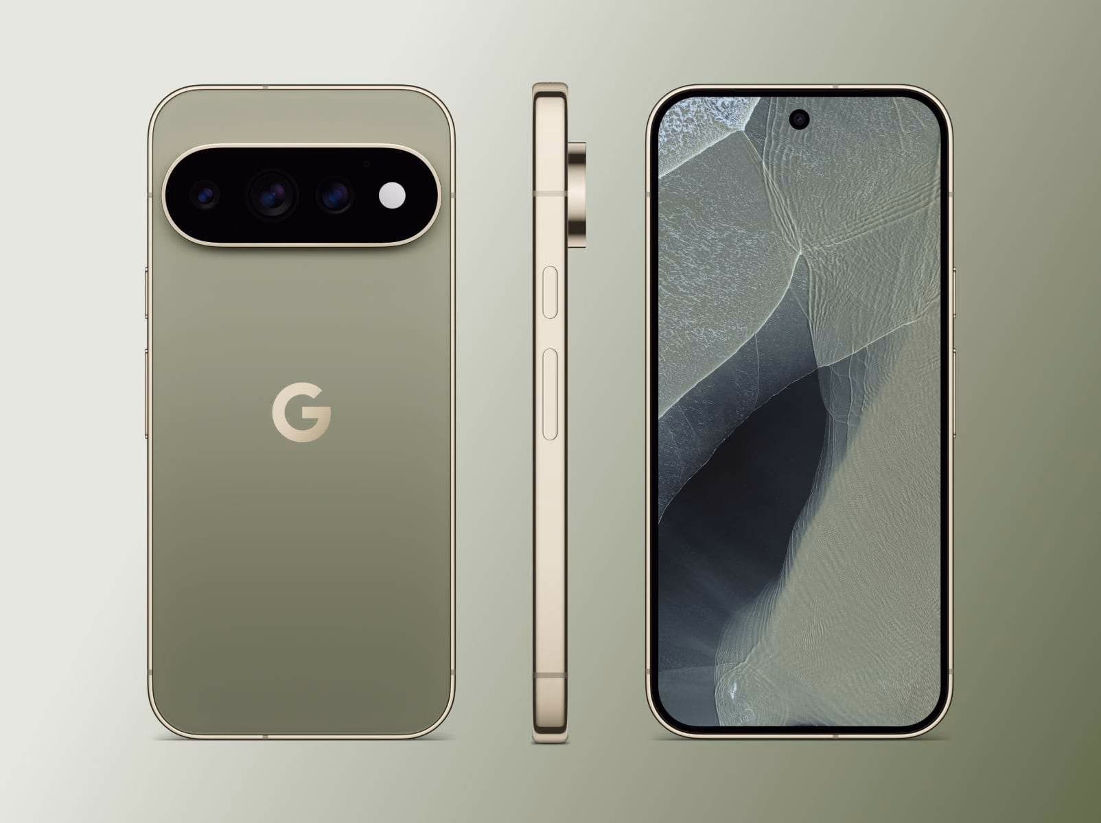 El Pixel 11 Pro en Olive visto de frente, de perfil y de espaldas sobre fondo claro