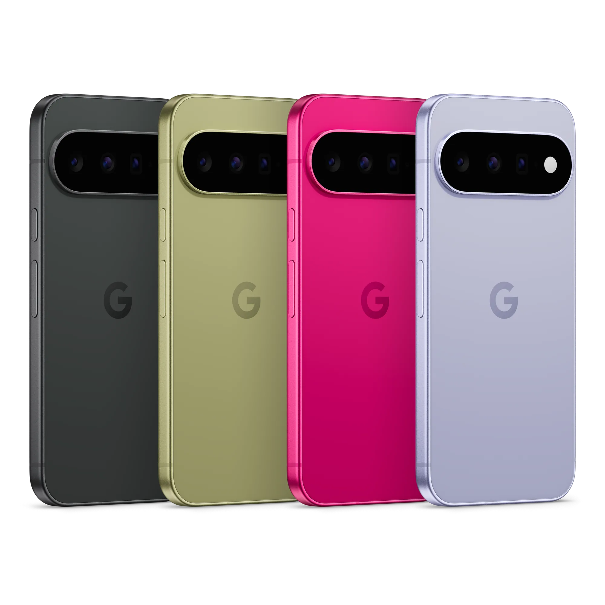 Los cuatro colores del Pixel 11 alineados: Obsidian, Pistachio, Hibiscus y Frost