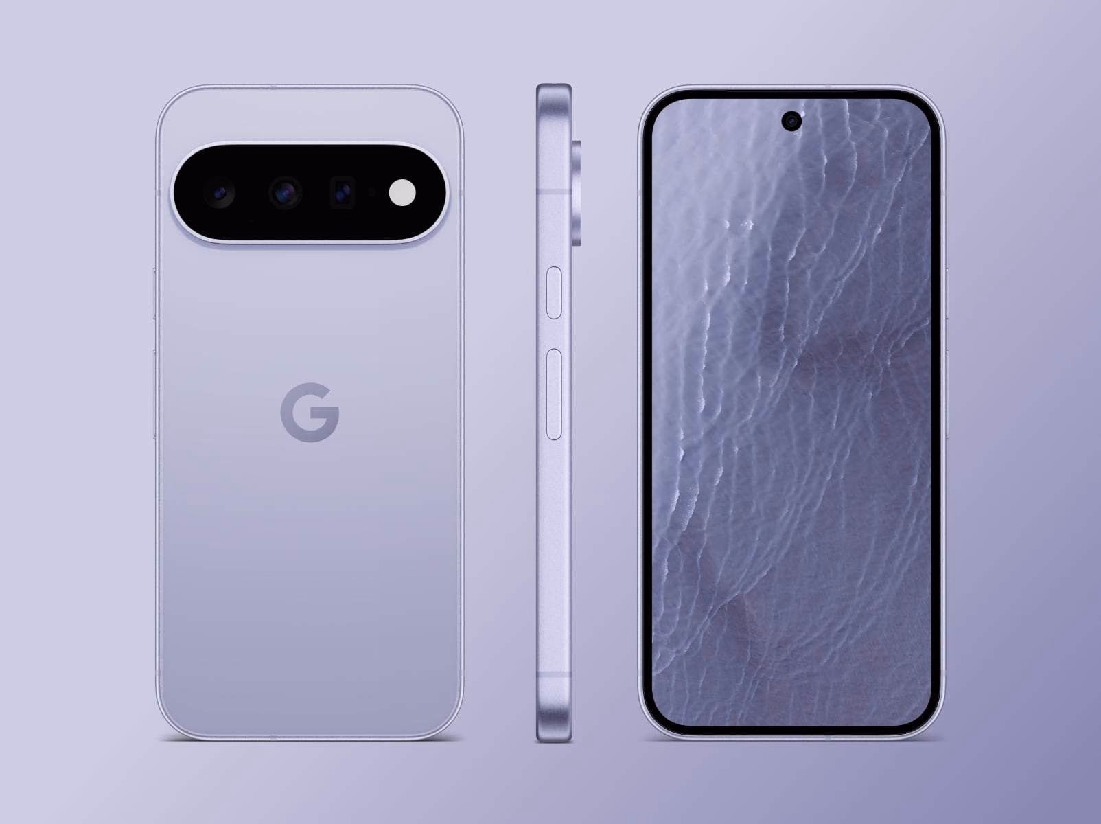 El Pixel 11 en Frost visto de frente, de perfil y de espaldas sobre fondo claro