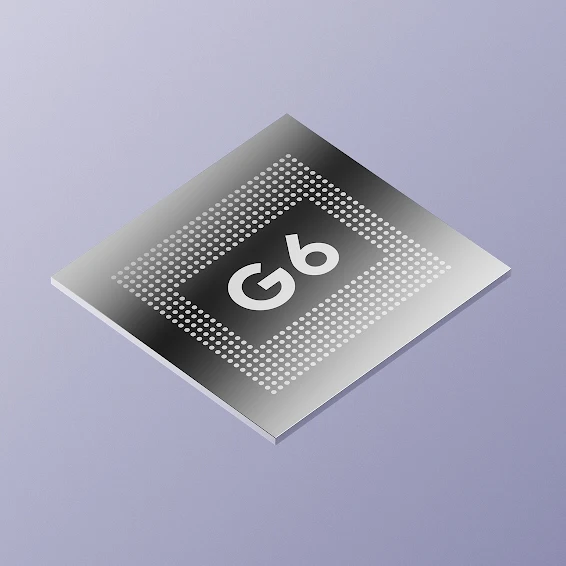 Render del chip Tensor G6 de Google con el logo G6 grabado sobre la superficie
