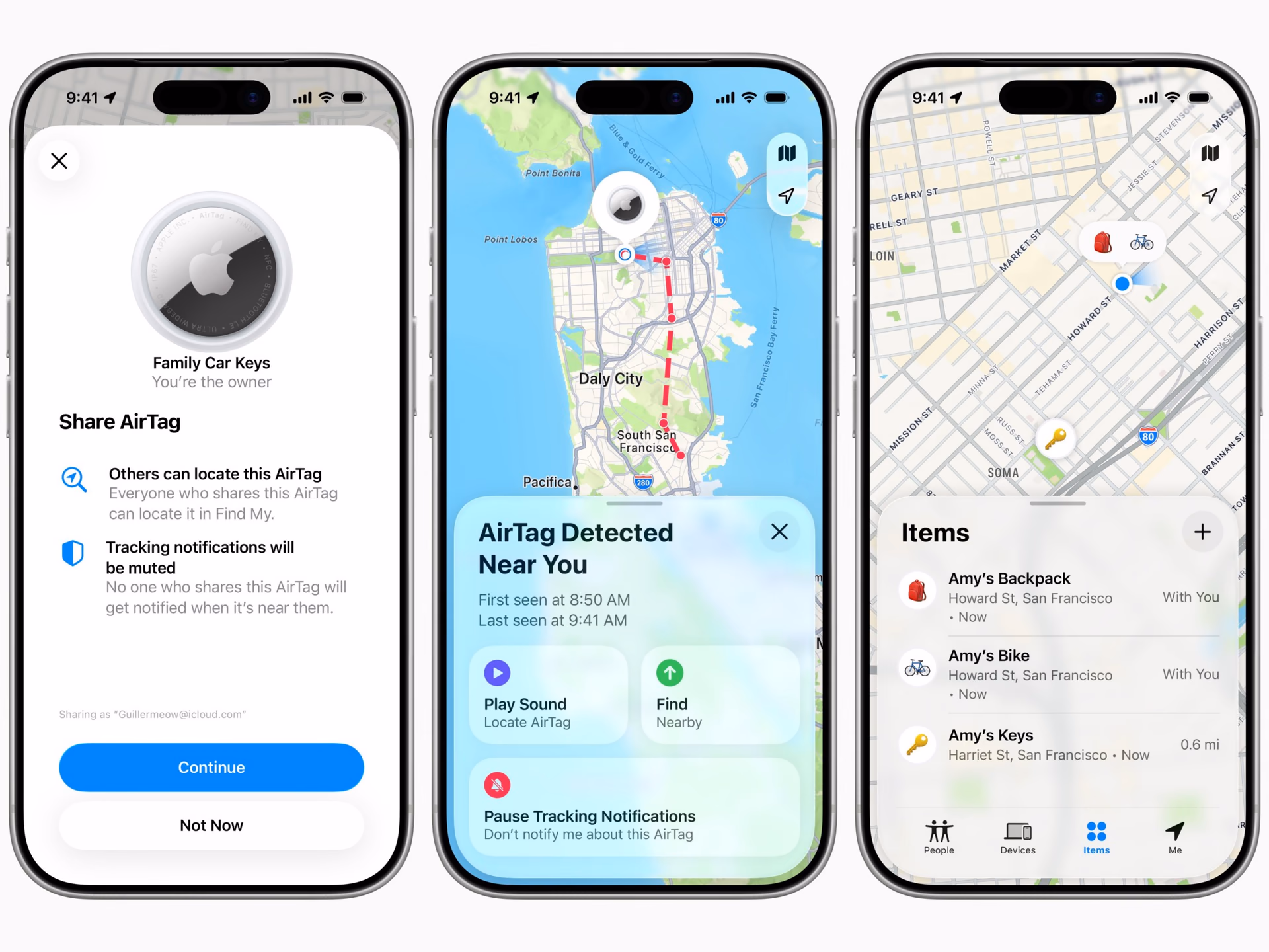 Tres pantallas de Find My en iPhone: compartir un AirTag, la alerta de rastreo no deseado y la lista de objetos.