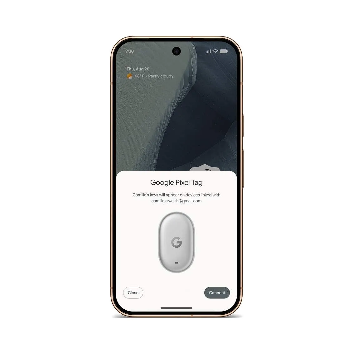 Pantalla de emparejamiento del Pixel Tag con el botón para conectarlo a la cuenta de Google