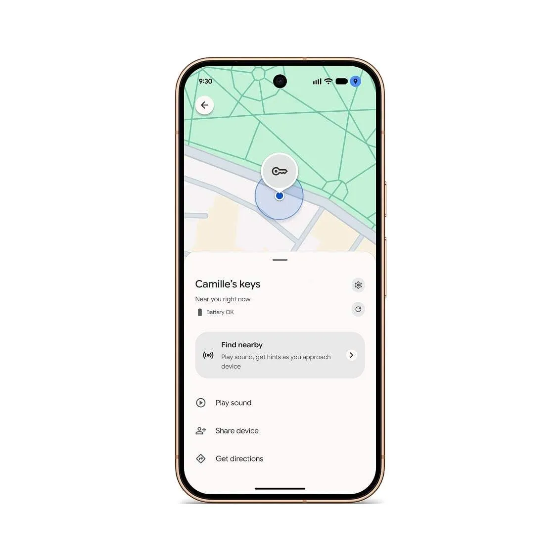 La app Find Hub muestra la ubicación del Pixel Tag en el mapa junto a las opciones para hacerlo sonar y compartirlo