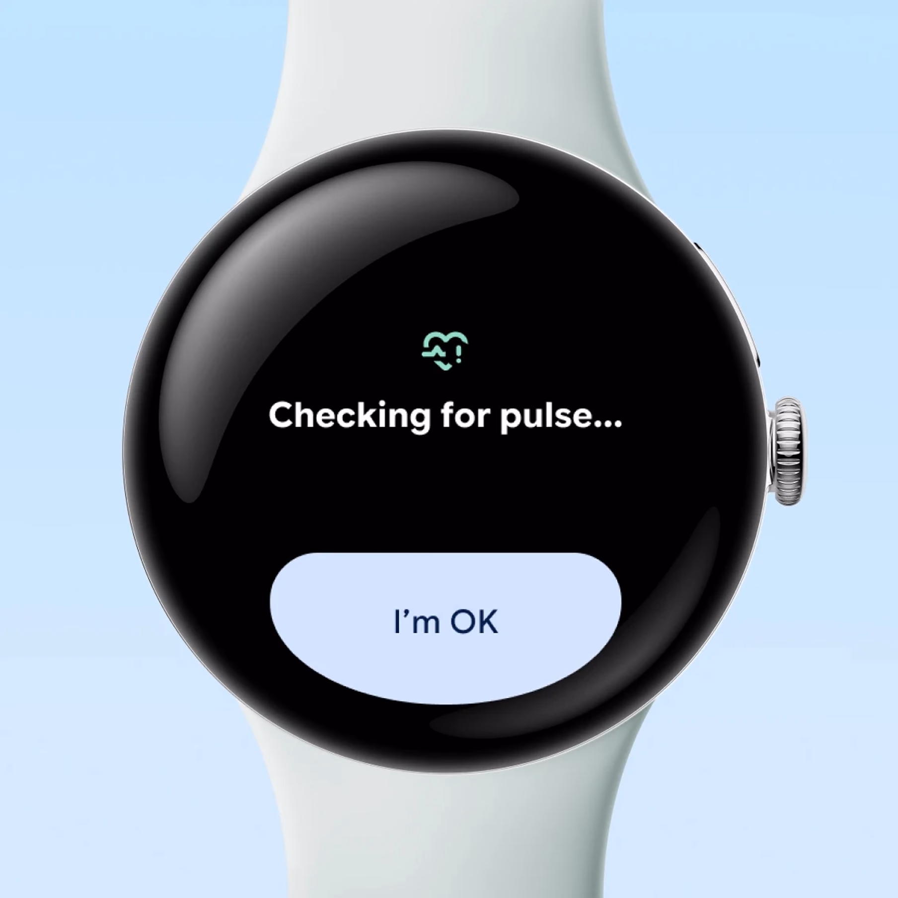 El Pixel Watch 5 buscando pulso en pantalla con el botón para confirmar que el usuario está bien