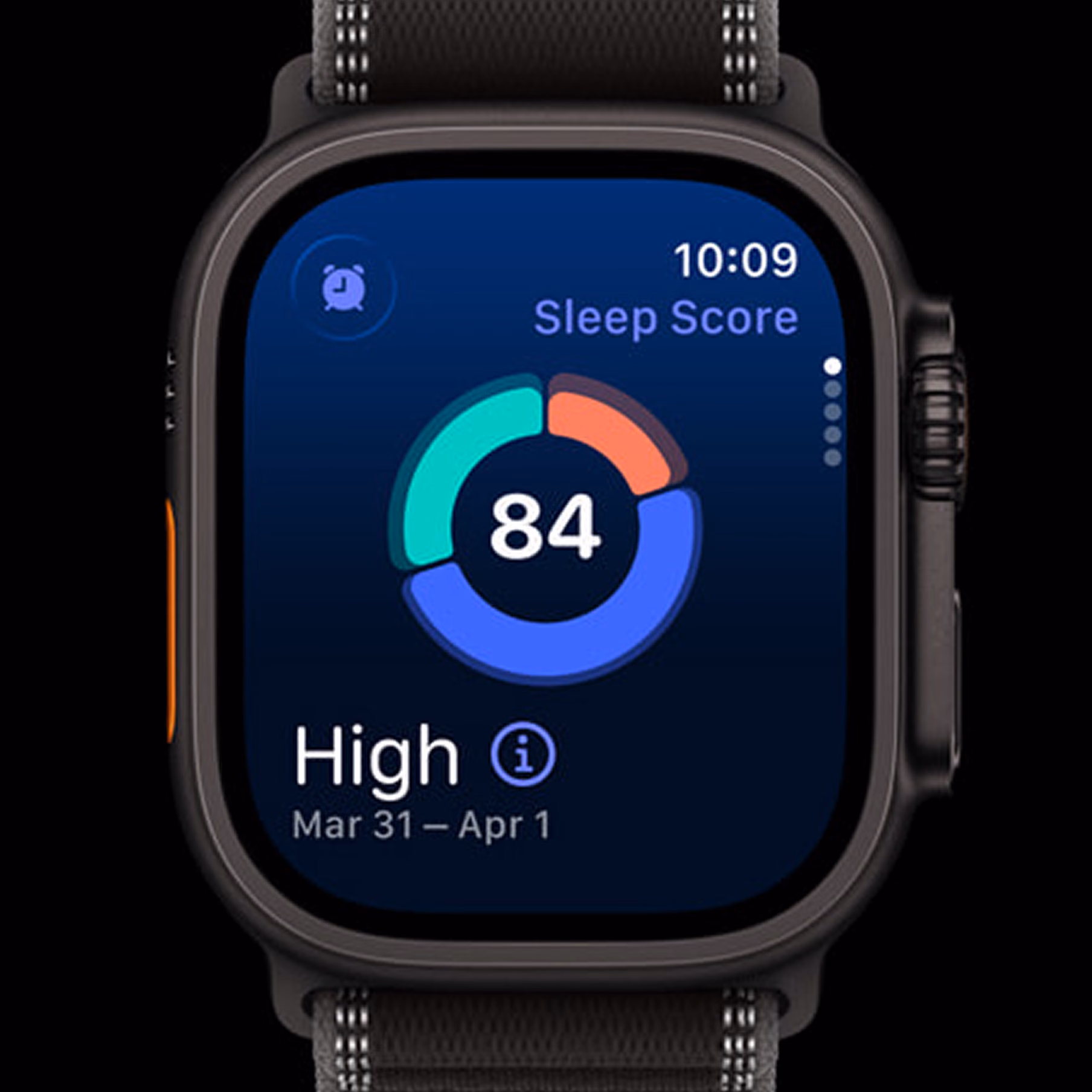 El Apple Watch Ultra 3 mostrando un Sleep Score de 84 con el desglose por etapas del sueño