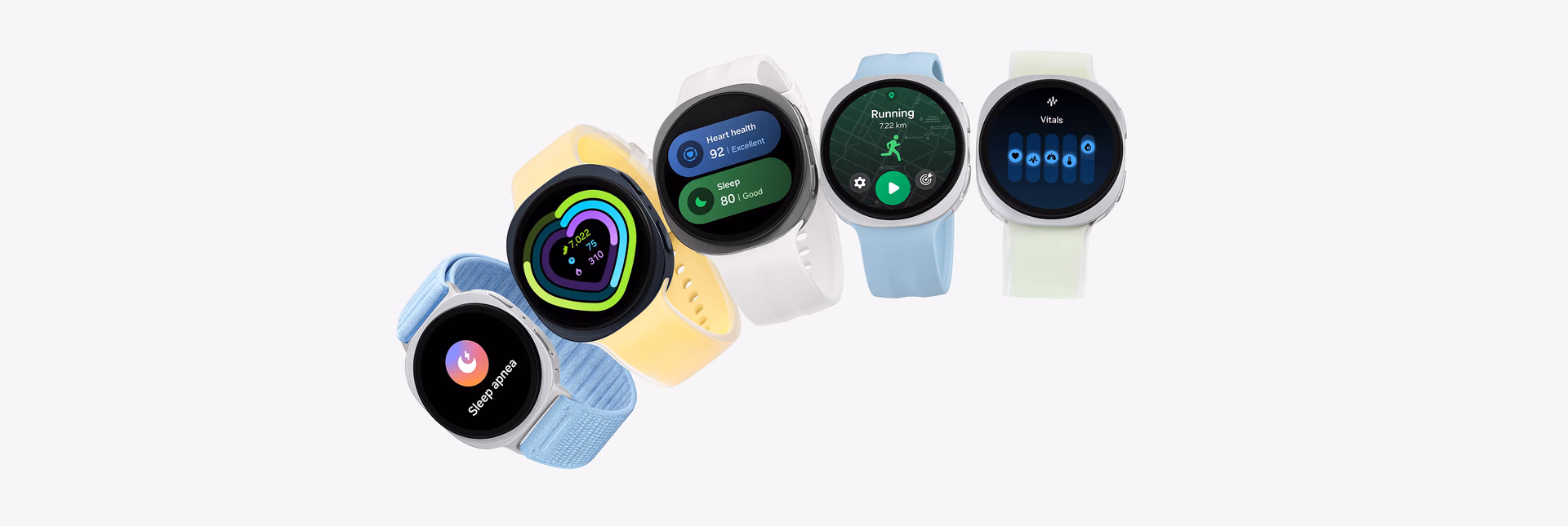 Cinco Galaxy Watch 9 en distintos colores mostrando apnea del sueño, salud cardíaca, carrera y Vitals