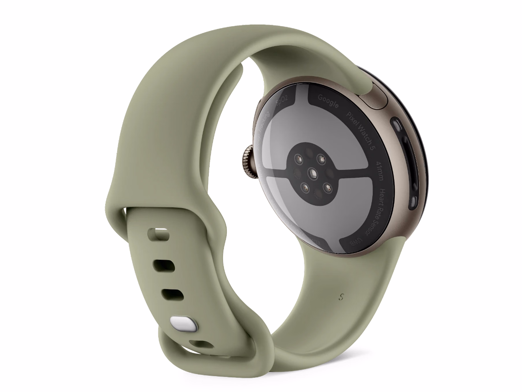 Dorso del Pixel Watch 5 en verde mostrando el conjunto de sensores bajo el cristal