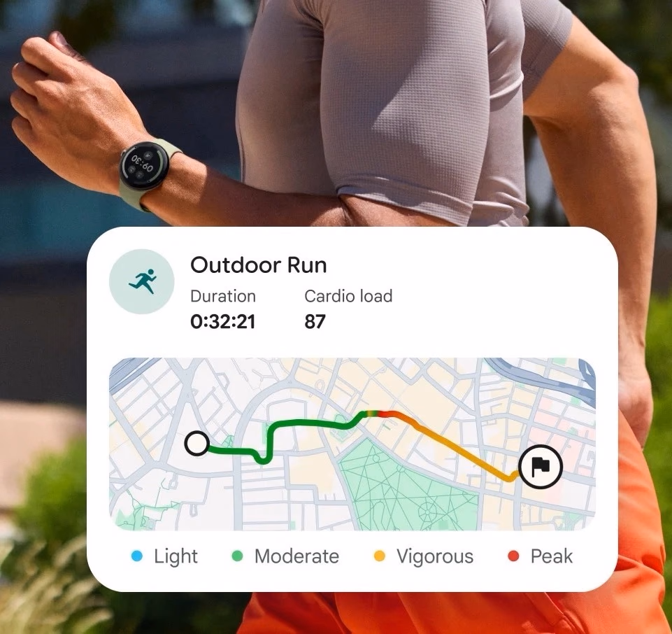 Resumen de una carrera al aire libre en el Pixel Watch 5 con el mapa de la ruta coloreado por zonas de esfuerzo