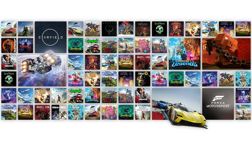 Mosaico con las portadas de decenas de juegos del catálogo de Xbox, entre ellas Starfield, Halo Infinite y Forza Motorsport