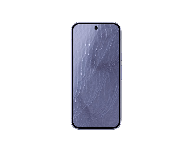 El Pixel 11 de frente con la pantalla encendida mostrando un fondo abstracto violeta