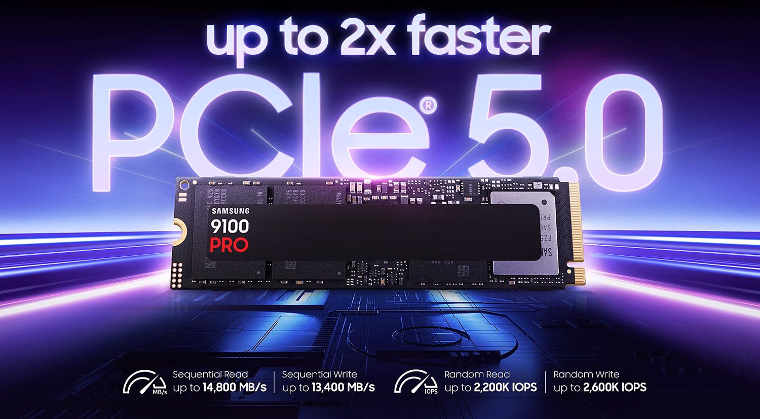 9100 PRO in front of a background with the PCIe 5.0 caption