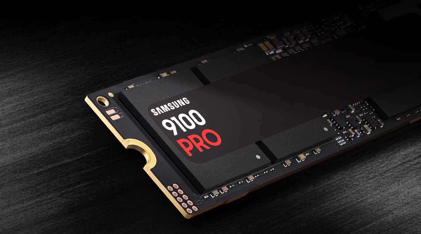 Half of the 9100 PRO without heatsink on a dark background