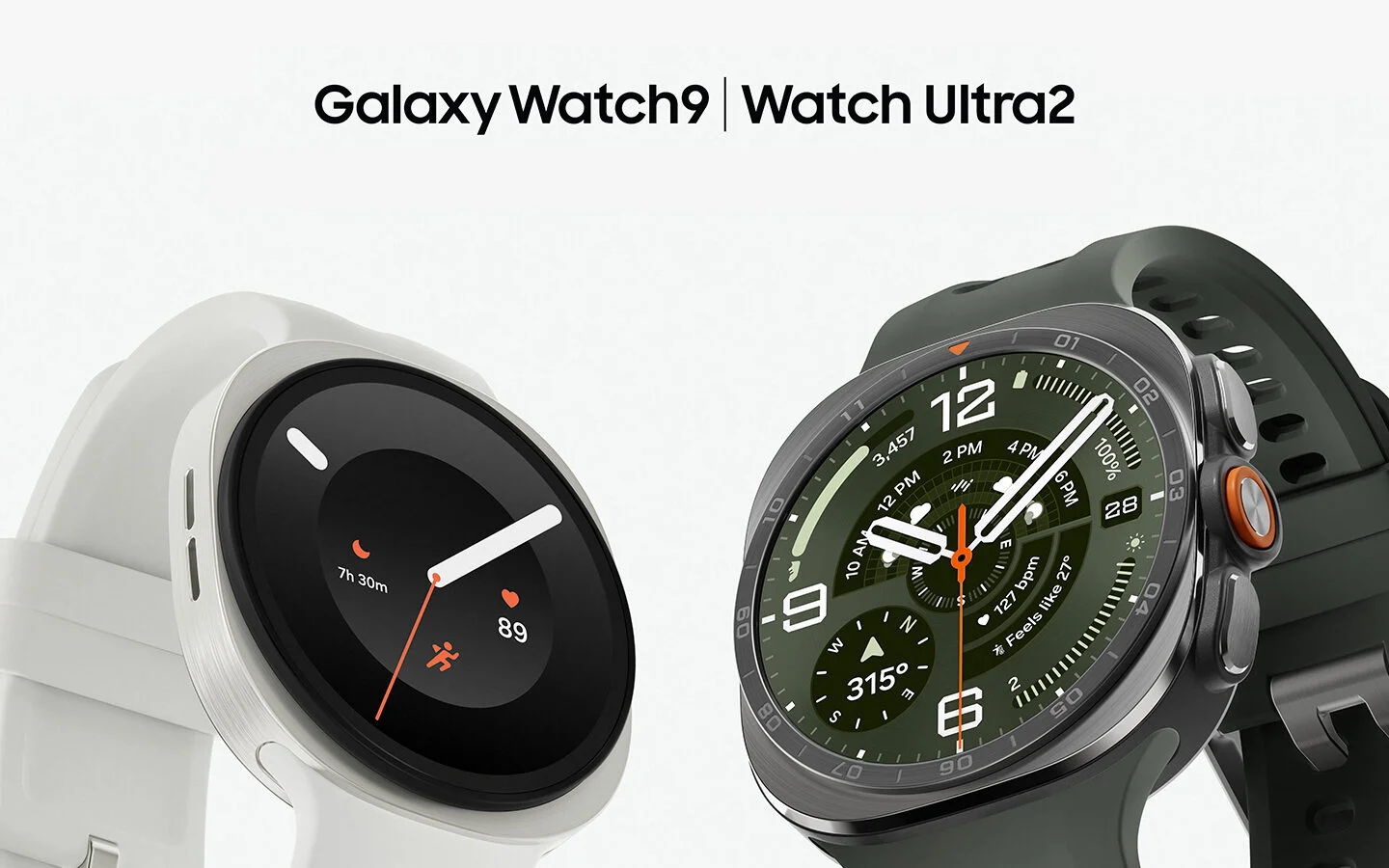Render oficial del Galaxy Watch 9 en blanco junto al Galaxy Watch Ultra 2 con correa deportiva verde