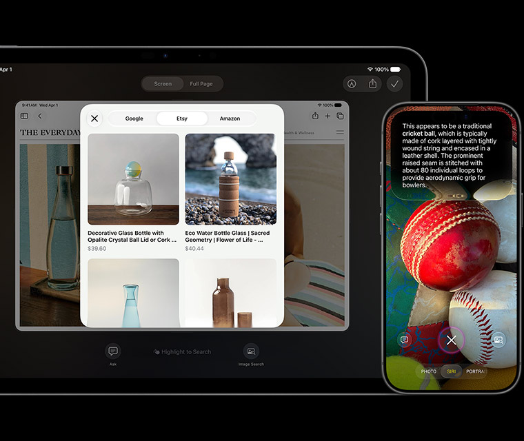Visual Intelligence en un iPad busca productos similares en varias tiendas mientras un iPhone identifica un objeto con la cámara