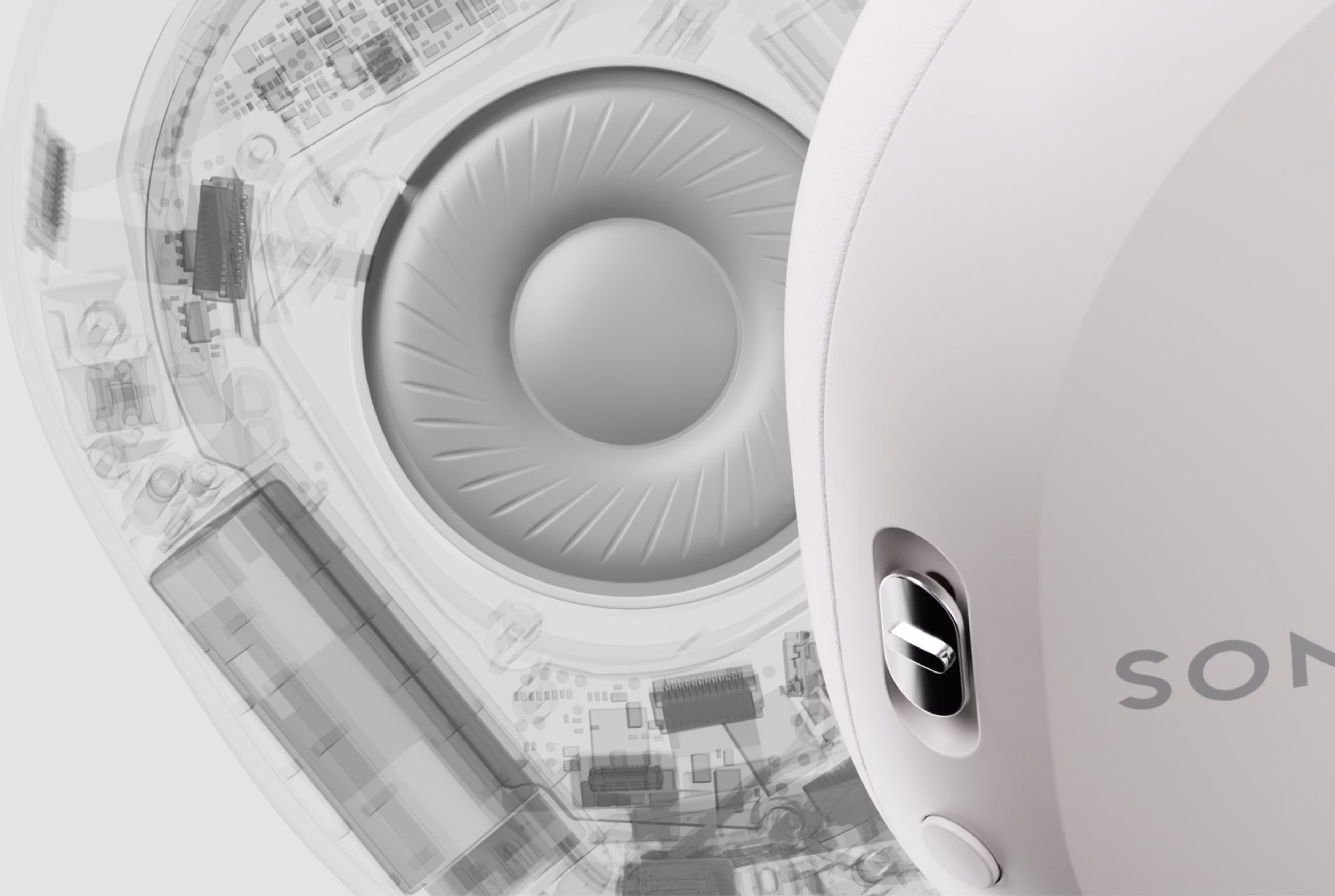 Vista de rayos X del Sonos Ace Ultra que muestra el driver de 40 milímetros y la electrónica interna
