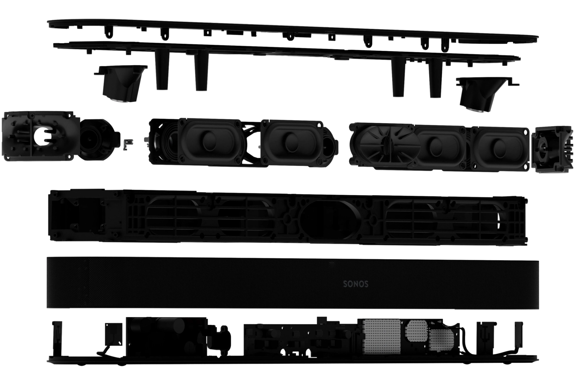 Exploded view of the Sonos Beam Ultra with its nine drivers aligned inside the chassis