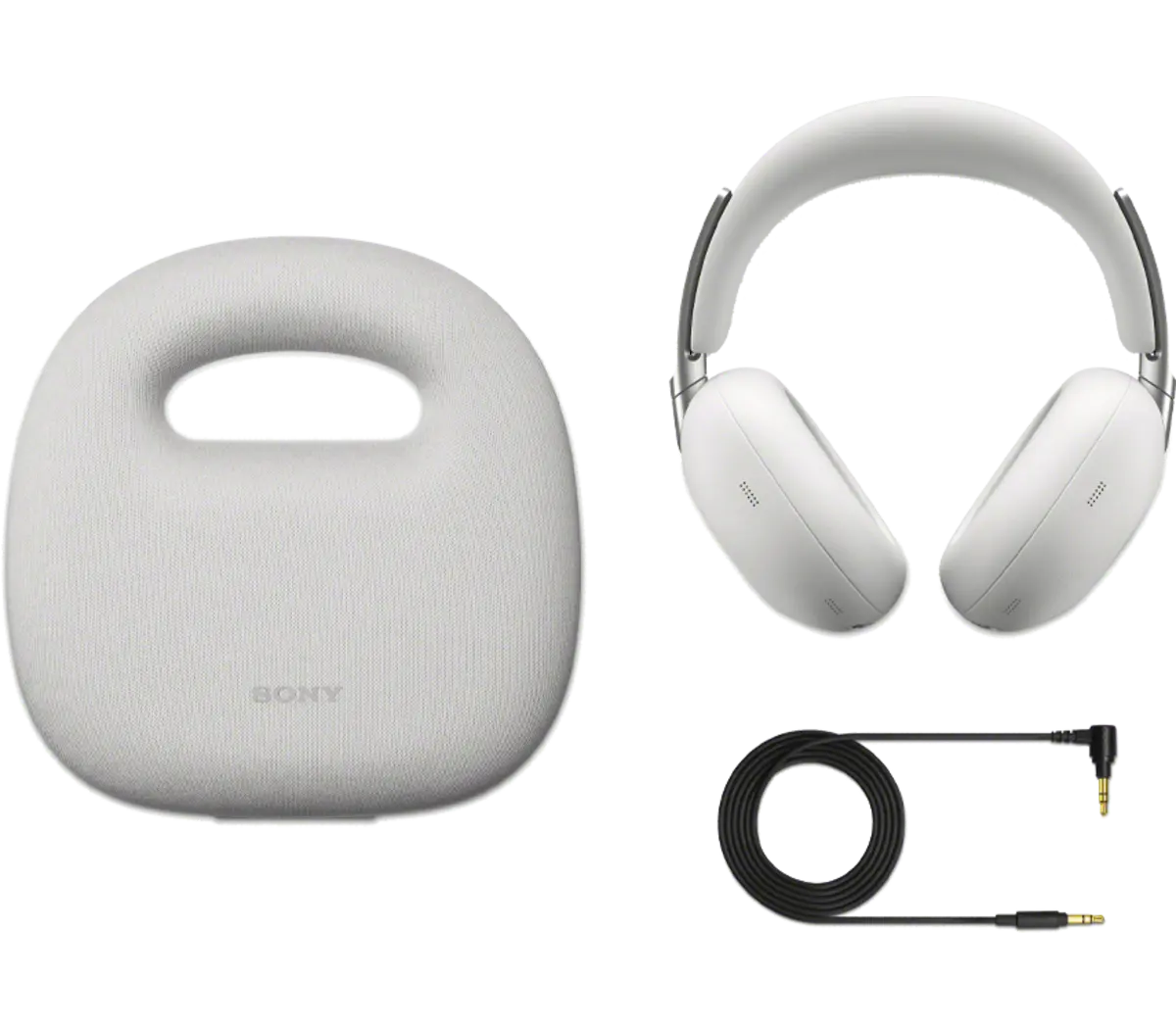 Box contents of the Sony 1000X The Collexion in Platinum color: headphones, bag-style case, and 3.5 mm cable on a white background
