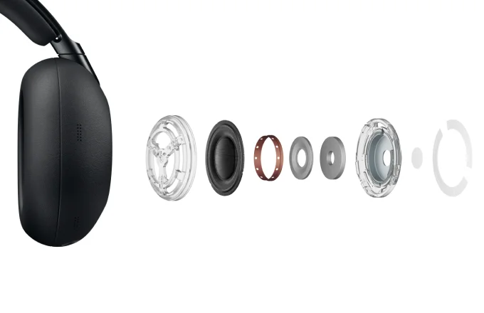 Exploded view of the unidirectional carbon driver of the Sony 1000X The Collexion showing its internal components on a white background