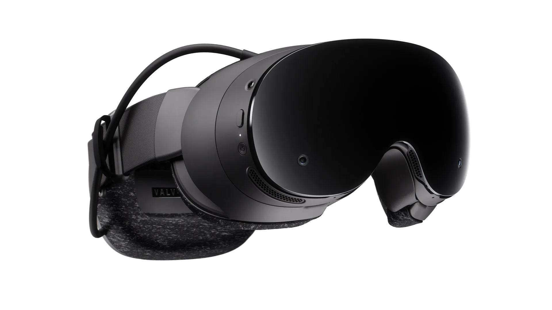 Facial interface and adjustable strap of the Steam Frame with Valve logo