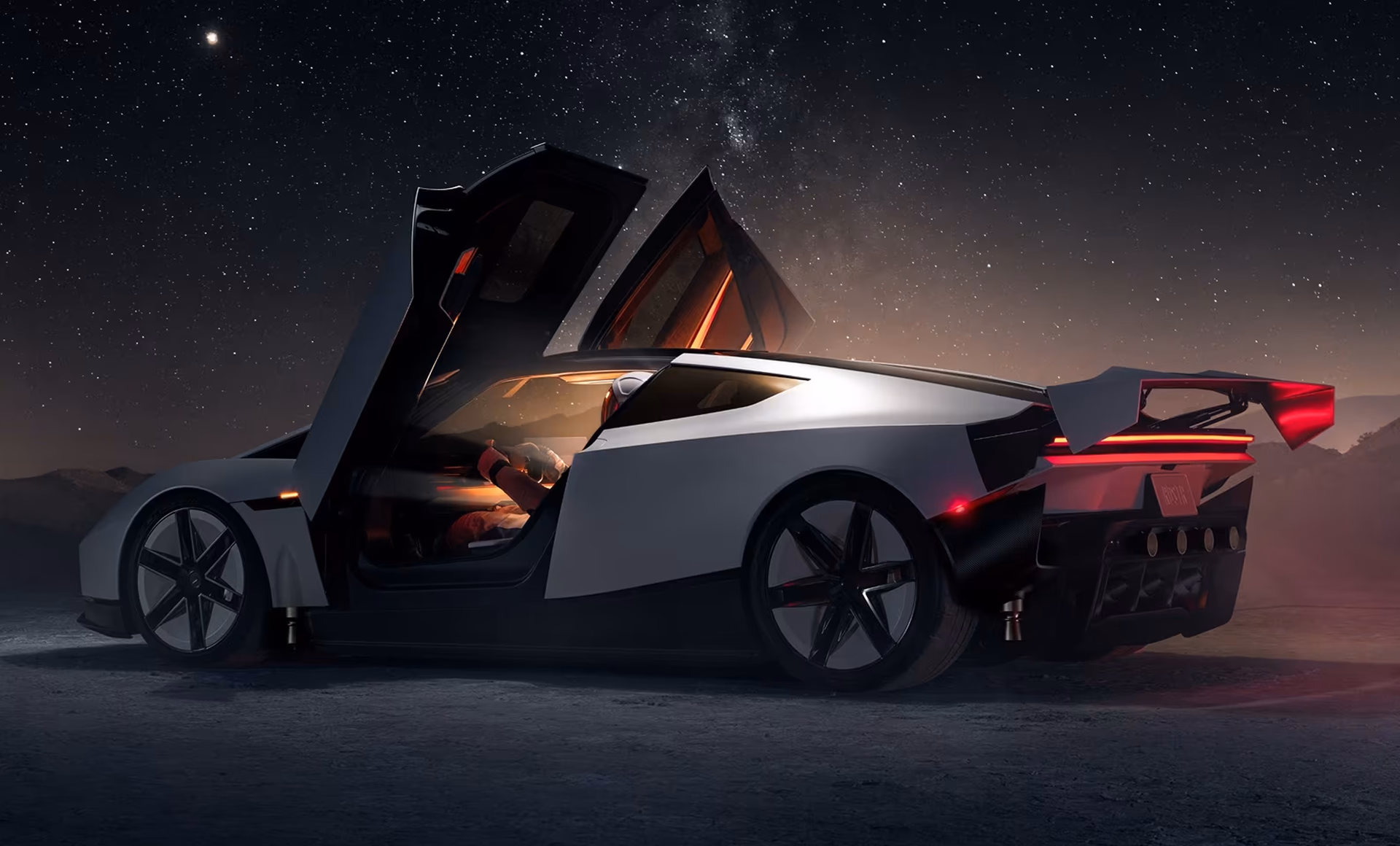 Tesla Roadster with doors open under a starry sky