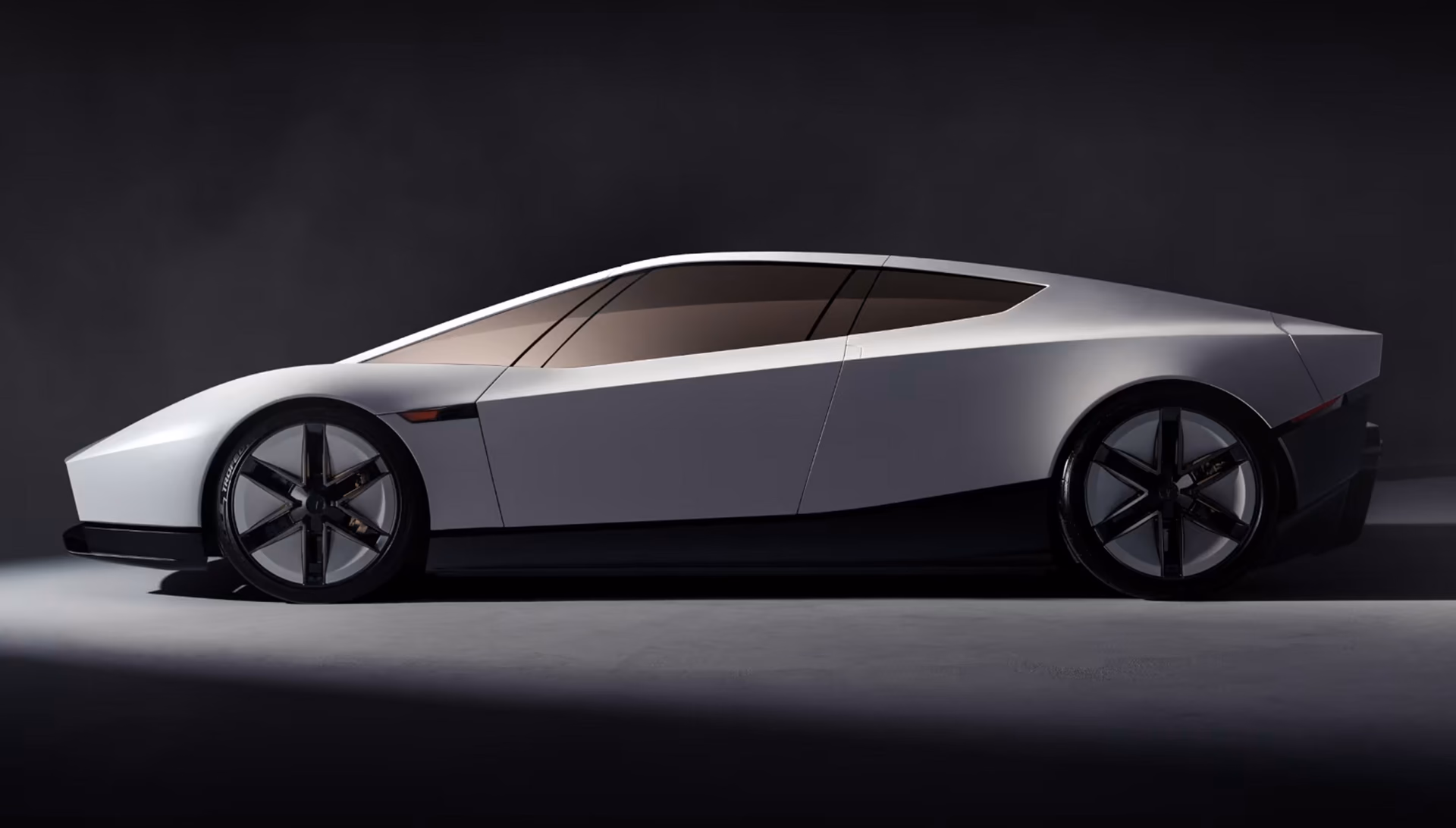Profile of the white Tesla Roadster with gold-toned glass
