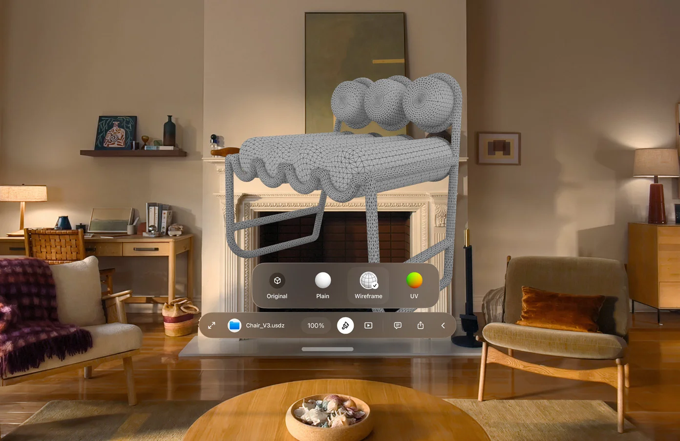 Quick Look muestra el wireframe de un modelo 3D en visionOS 27