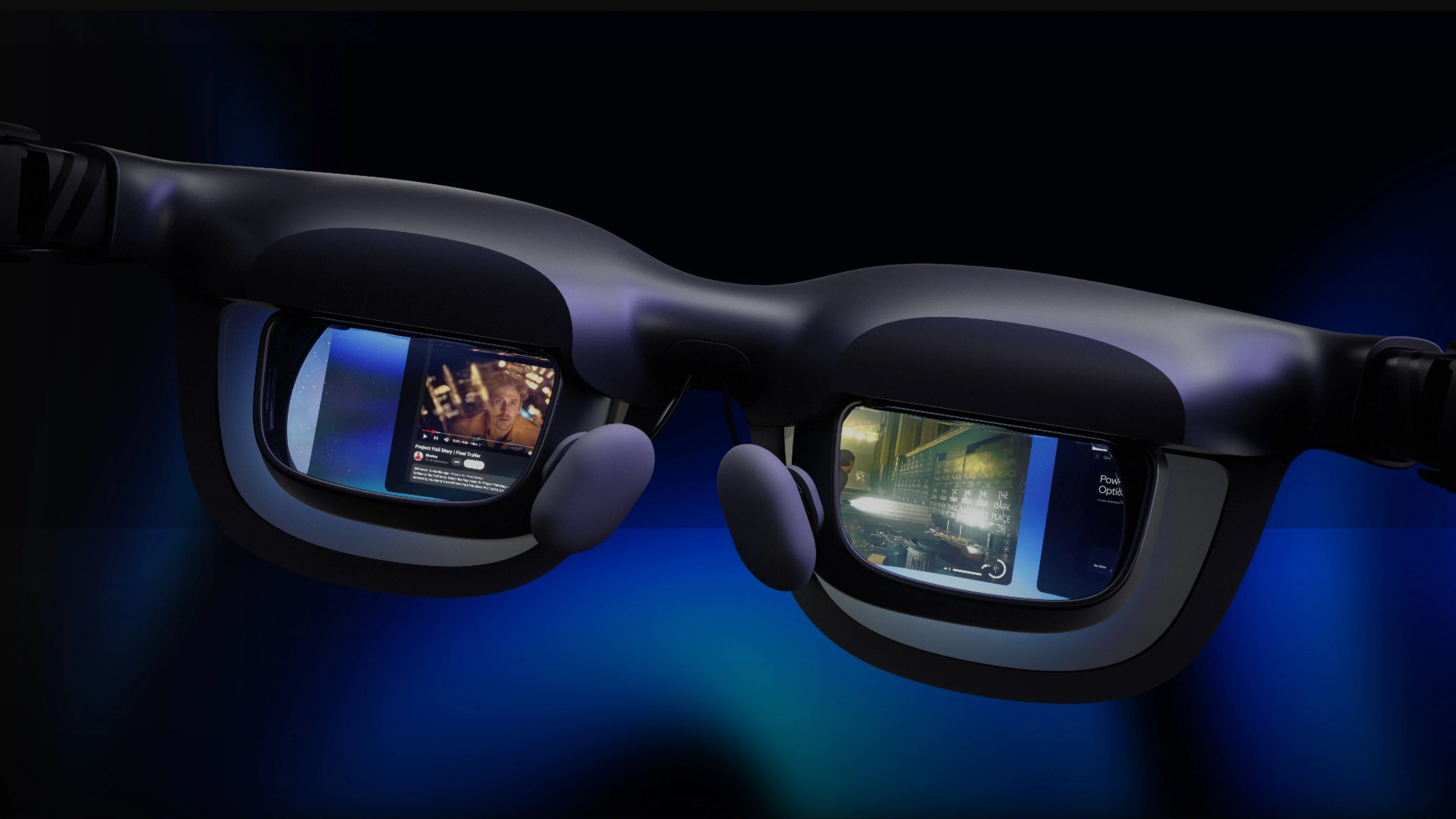Vista interior de las lentes de las VITURE Beast, el modelo tope de la línea, mostrando dos ventanas de contenido en reproducción.