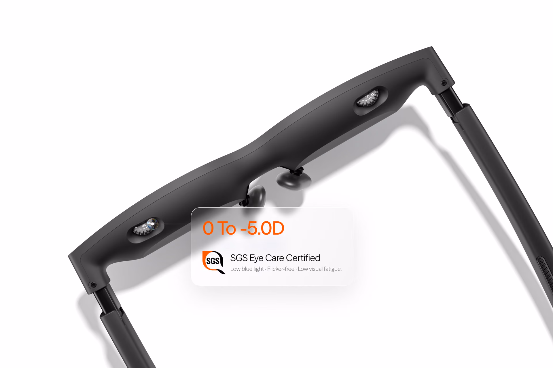 Detalle de los dos diales de ajuste de miopía en la parte superior del marco de las VITURE Pro 2, junto a la certificación SGS Eye Care.