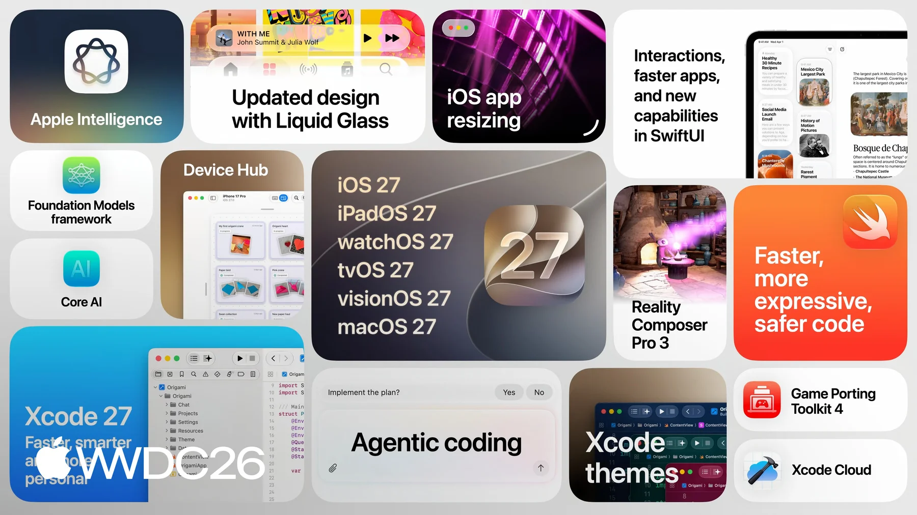Mosaico con las novedades de la WWDC 2026, de los sistemas operativos a las herramientas para desarrolladores