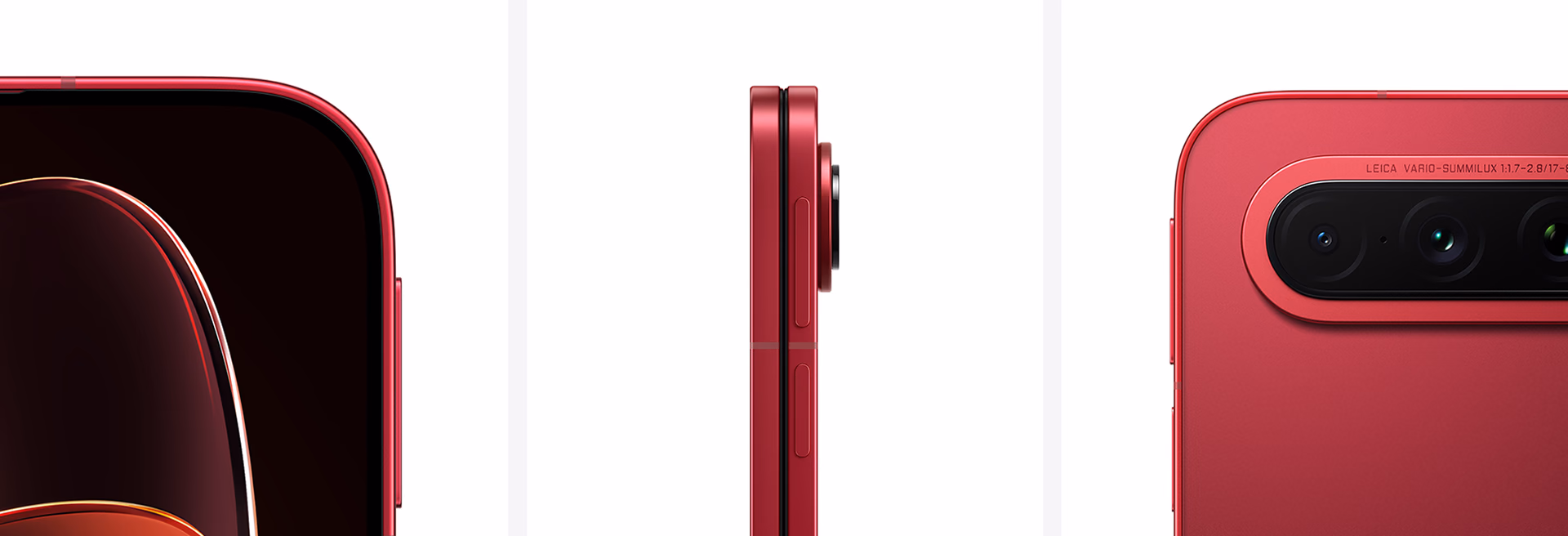 Three detailed views of the red Xiaomi 18 Fold: display edge, closed profile, and Leica camera module