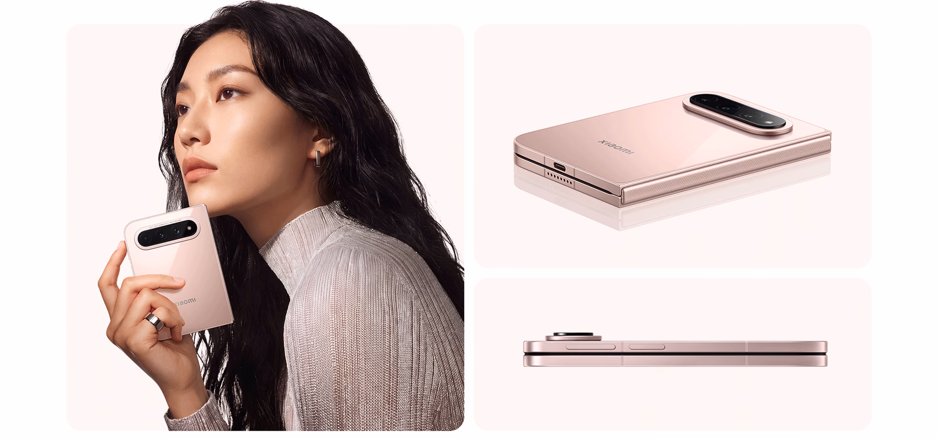 The Xiaomi 18 Fold in Warm Gold closed, seen from the back and in profile
