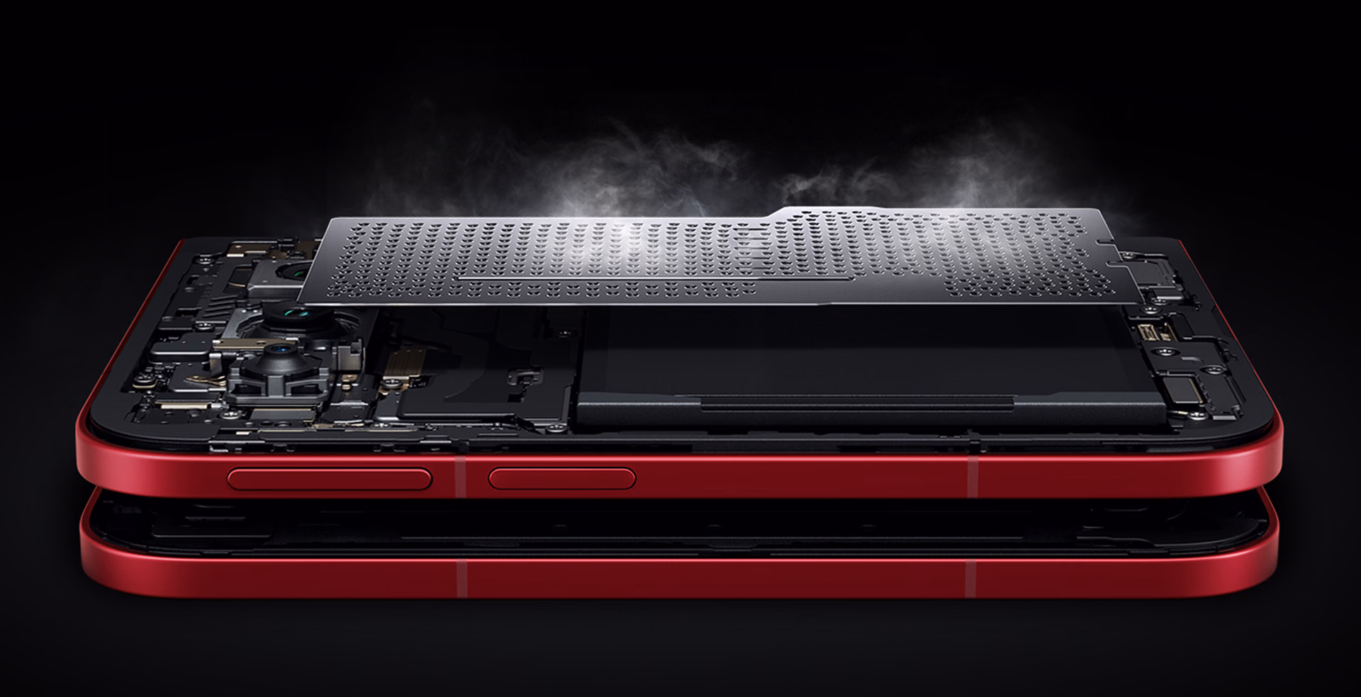 Xiaomi 18 Fold cooling system with the metal cooling plate lifted above the chassis