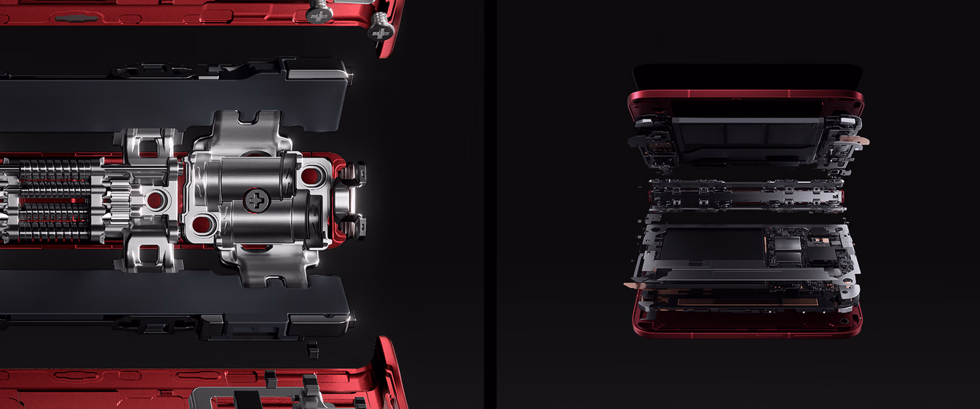 Exploded view of the Xiaomi 18 Fold showing the metal hinge shaft and the inside of the chassis