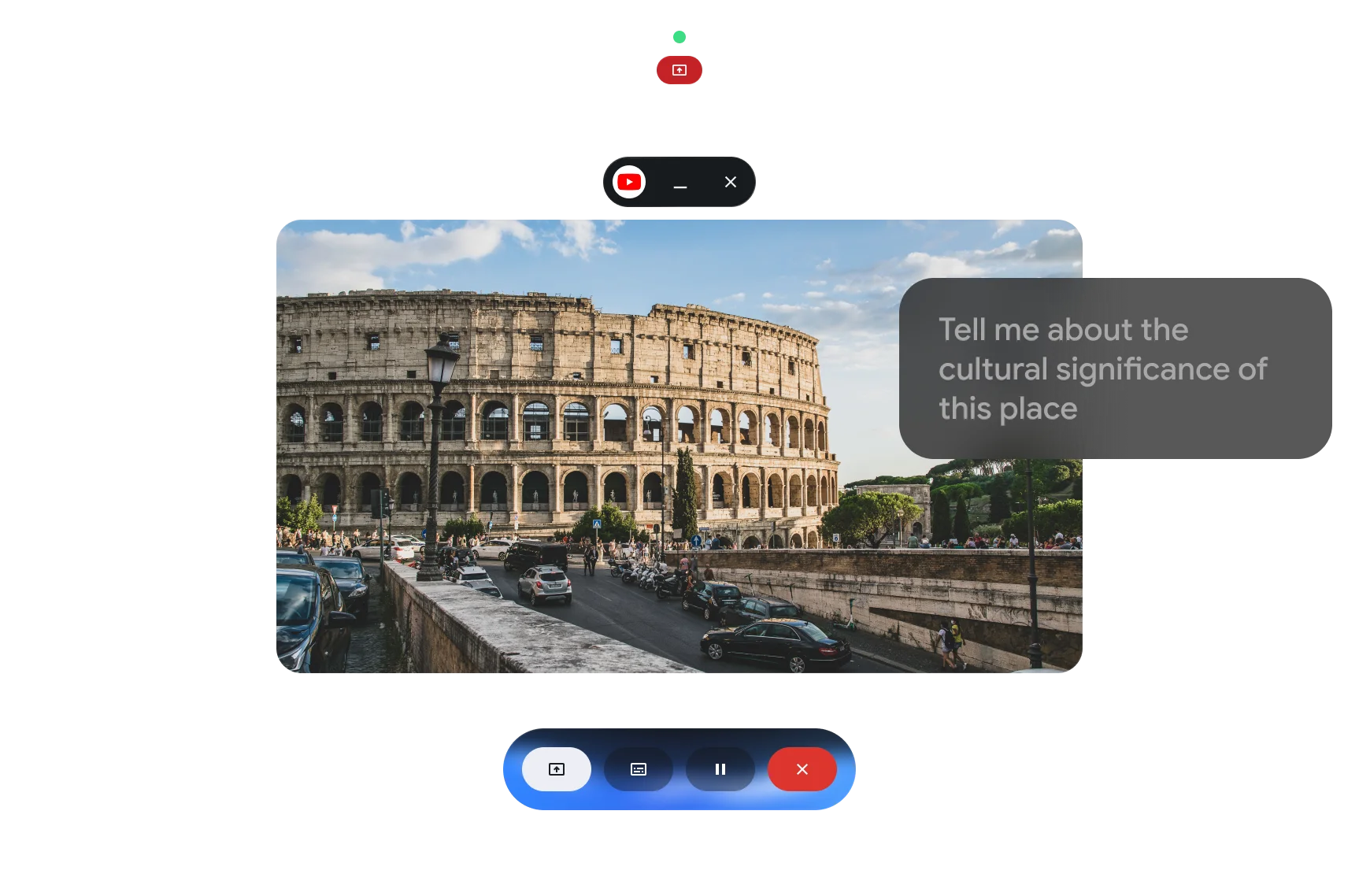 Gemini responde sobre el Coliseo de Roma en una ventana flotante de YouTube dentro del XREAL Aura