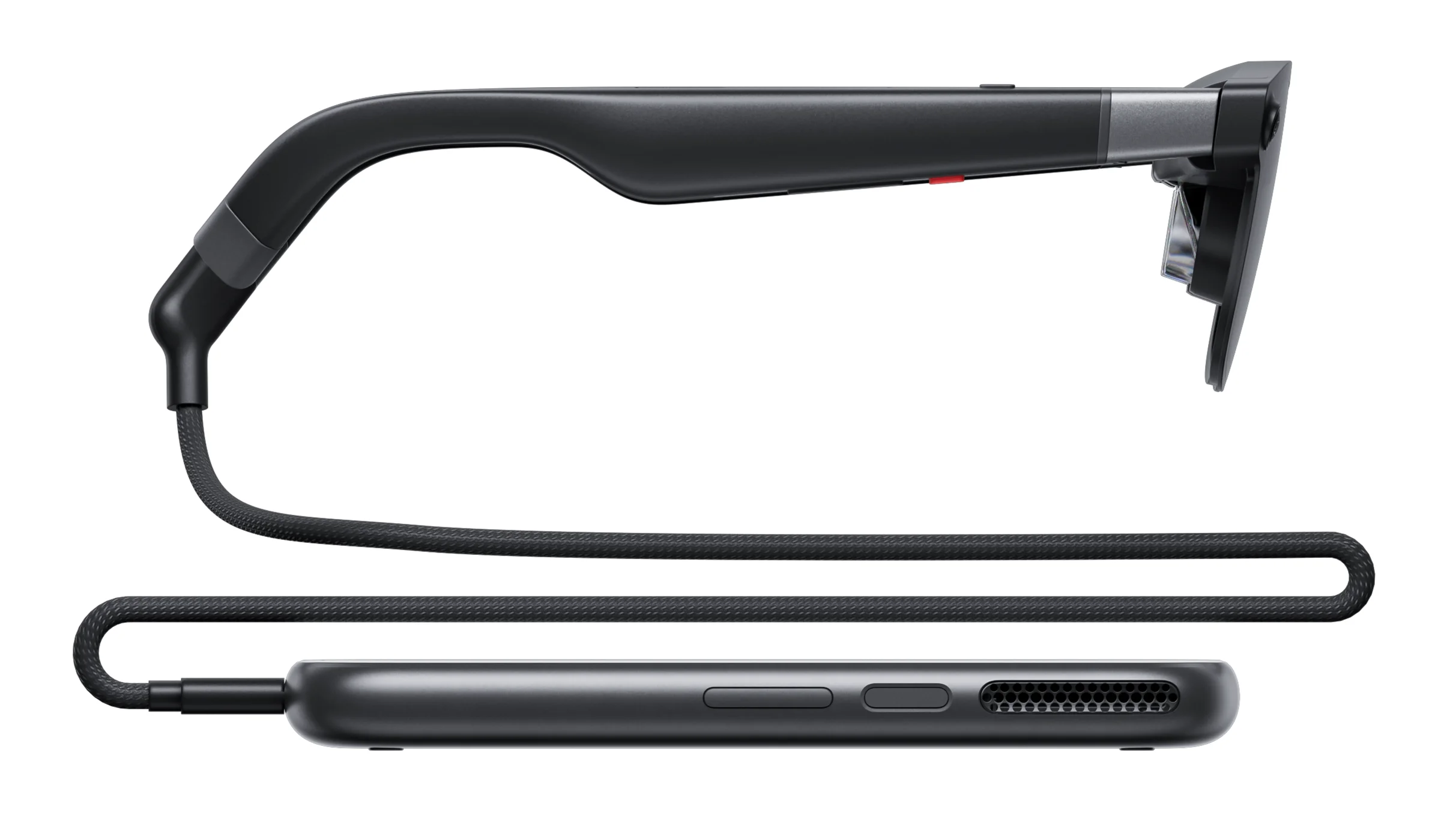 Perfil de las gafas XREAL Aura unidas por un cable trenzado al compute puck