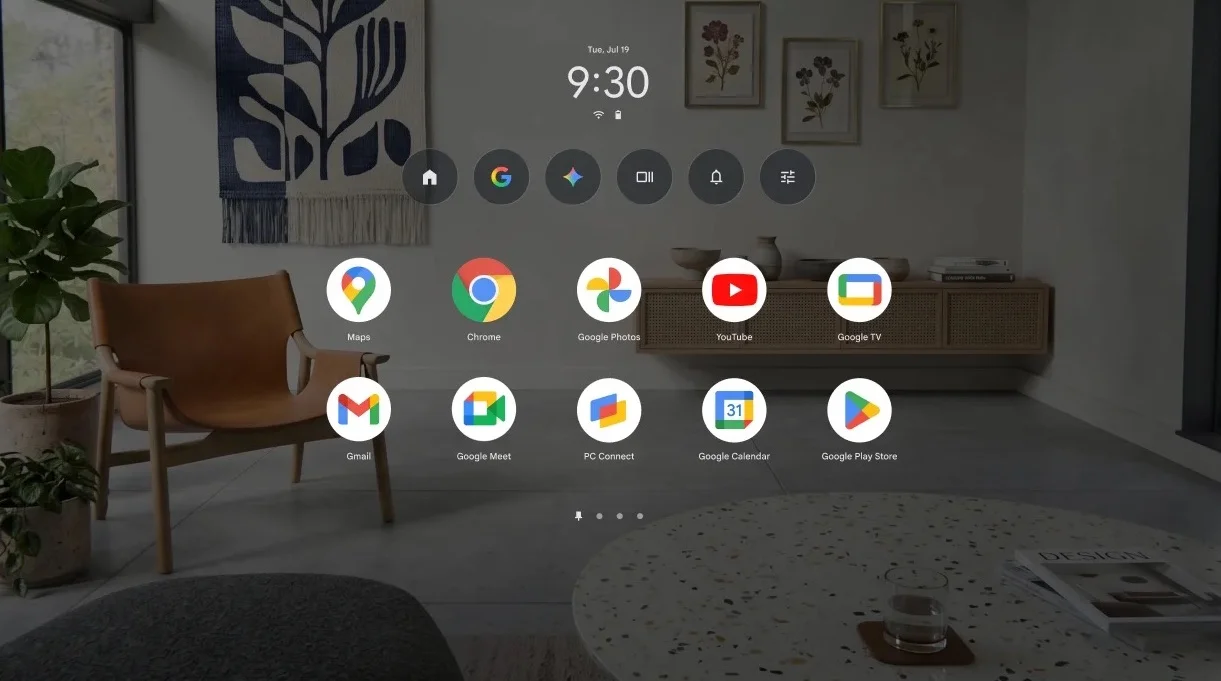 La pantalla de inicio de Android XR con apps de Google flotando sobre un living